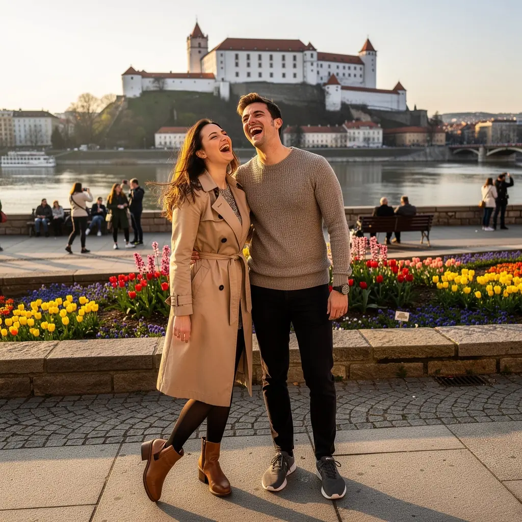 A picturesque village in Slovakia featuring traditional architecture and vibrant flowers in the foreground.